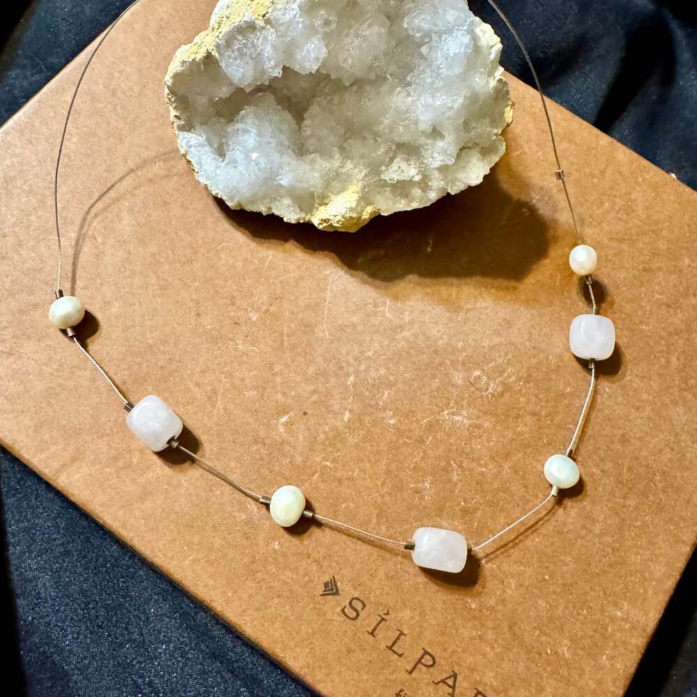 Silpada Rose Quartz Freshwater Pearl Sterling Silver Collar Necklace N1724